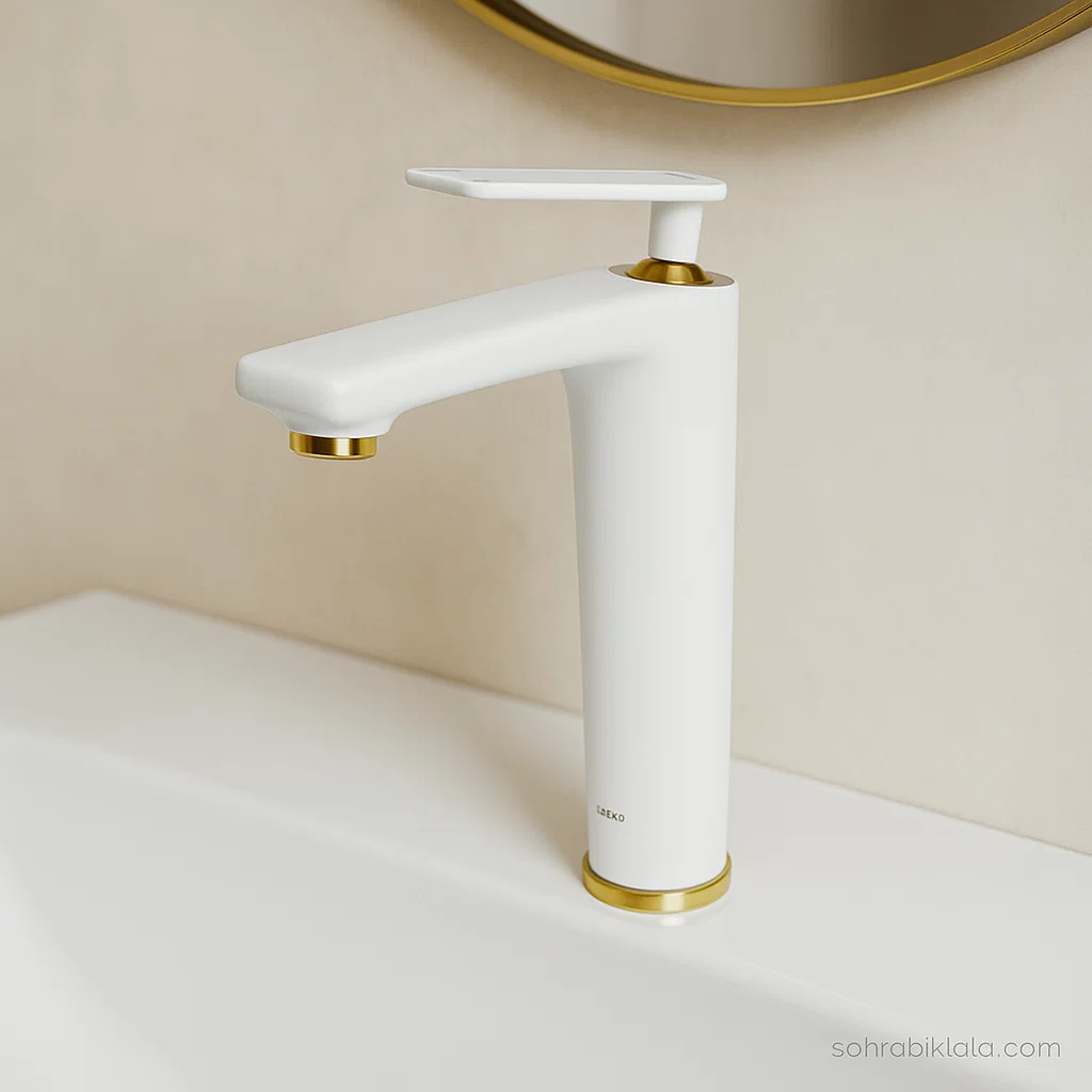روشویی بلند کسری آمازون سفیدطلایی شیر روشویی بلند کسری مدل آمازون سفید طلایی - Image 1