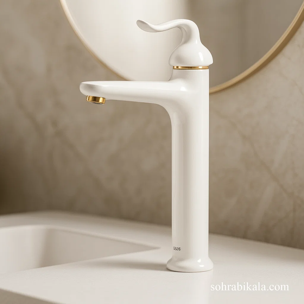 روشویی بلند کسری رابین سفیدطلایی شیر روشویی بلند کسری مدل رابین سفید طلایی - Image 1