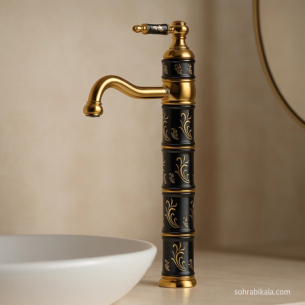 روشویی بلند کسری مدل توکیو مشکی طلایی شیر روشویی بلند کسری مدل توکیو مشکی طلایی - Image 1