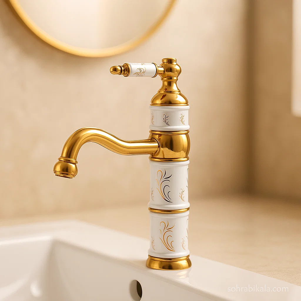 روشویی کوتاه کسری توکیو سفیدطلایی شیر روشویی کسری مدل توکیو سفید طلایی - Image 1