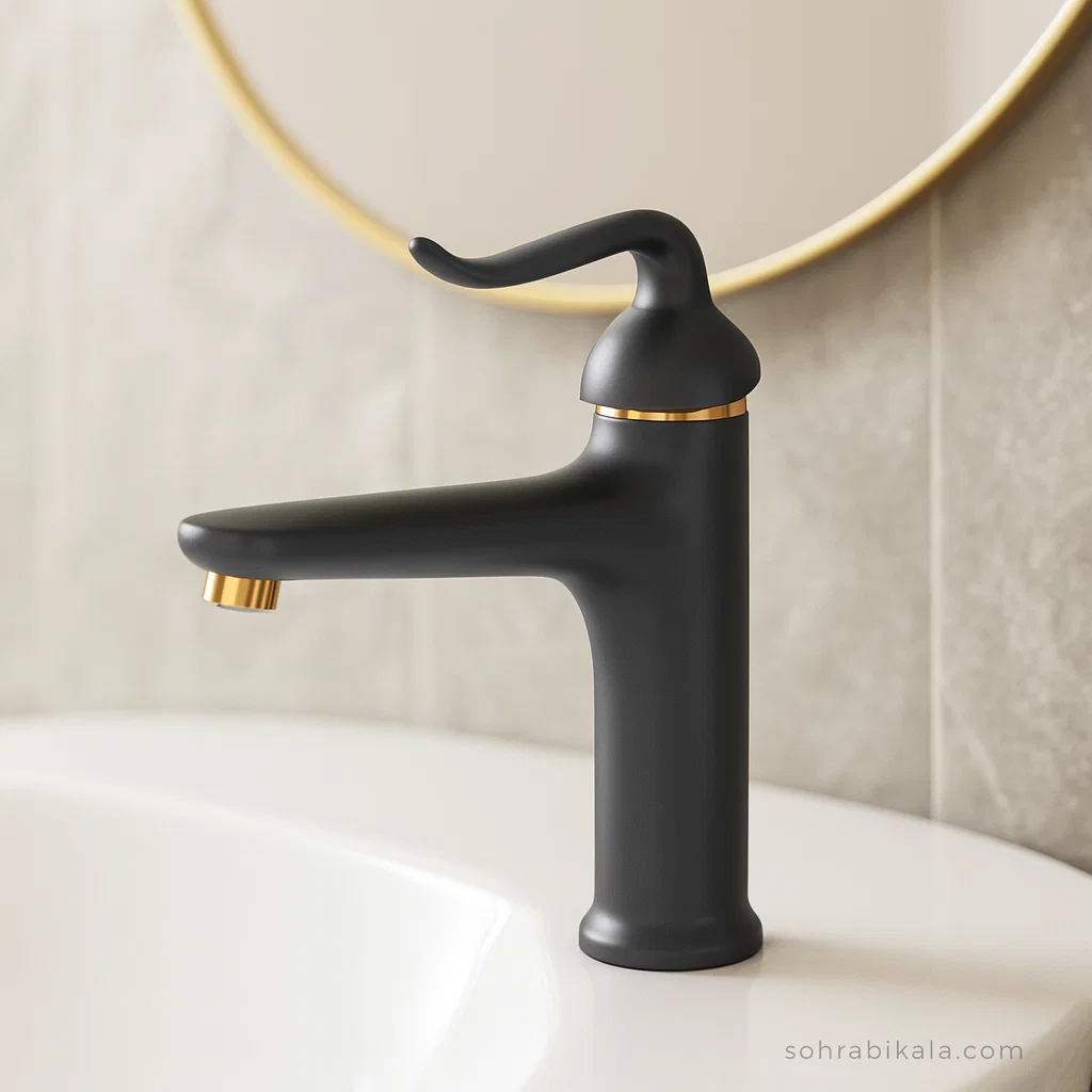 روشویی کوتاه کسری رابین مشکی طلایی شیر روشویی کسری مدل رابین مشکی طلایی - Image 1