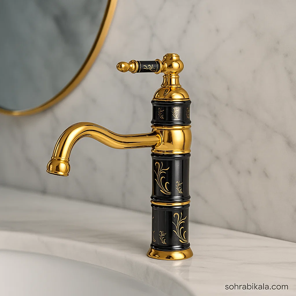 روشویی کوتاه کسری مدل توکیو مشکی طلایی شیر روشویی کسری مدل توکیو مشکی طلایی - Image 1