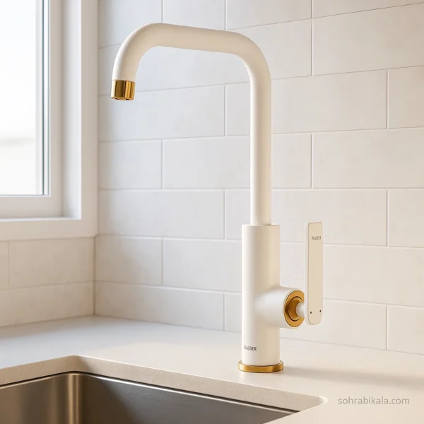 شیر-آشپزخانه-کسری-مدل-آمازون-سفیدطلایی شیر آشپزخانه کسری مدل آمازون سفید طلایی - Image 1