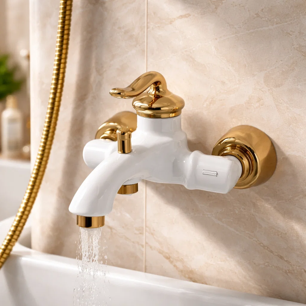 شیر حمام کسری مدل دانوب رنگ سفید طلایی